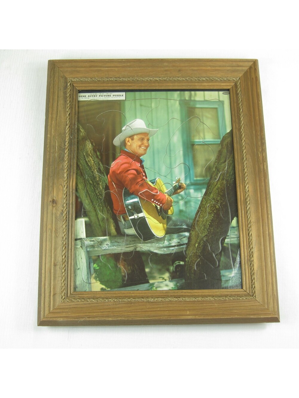 Vintage 1947 Gene Autry Picture Puzzle Frame Tray Inlay FRAMED Wood Rope Western